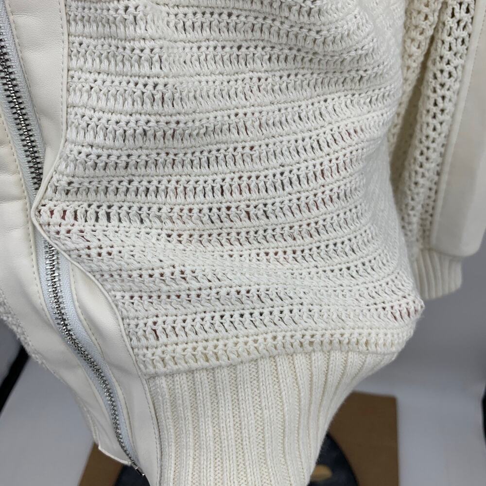 Anthropologie Cardigan Womens M Medium Cream Crochet Bomber Faux Leather Panels - Picture 4 of 14